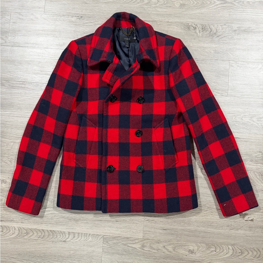 J. Crew Red & Black Plaid Wool Peacoat